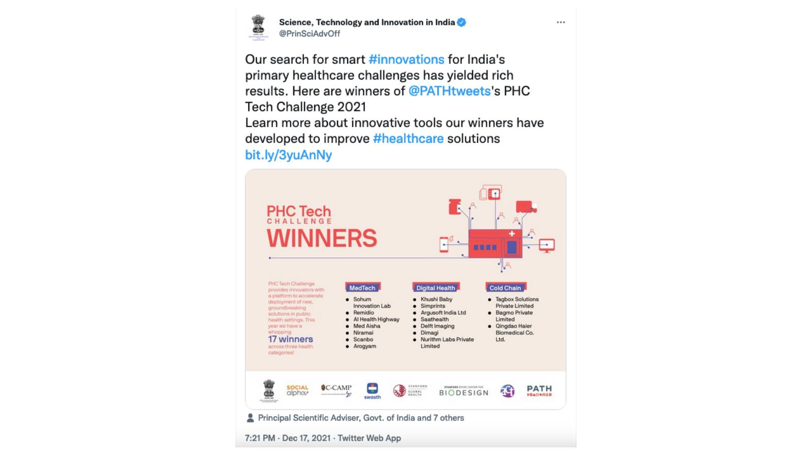 PATH Primary Health Care Tech Challenge winner, recognized by Government of India, Office of Science, Technology and Innovation